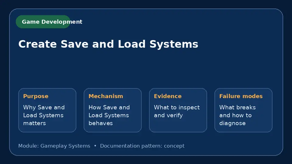 Concept map for Create Save and Load Systems showing purpose, mechanism, verification evidence and failure modes.