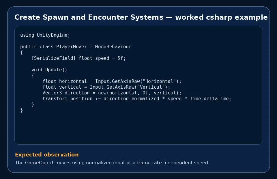 Code example for Create Spawn and Encounter Systems with the expected observation.