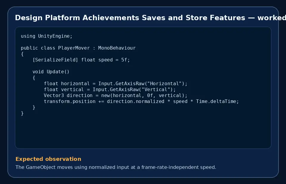 Code example for Design Platform Achievements Saves and Store Features with the expected observation.