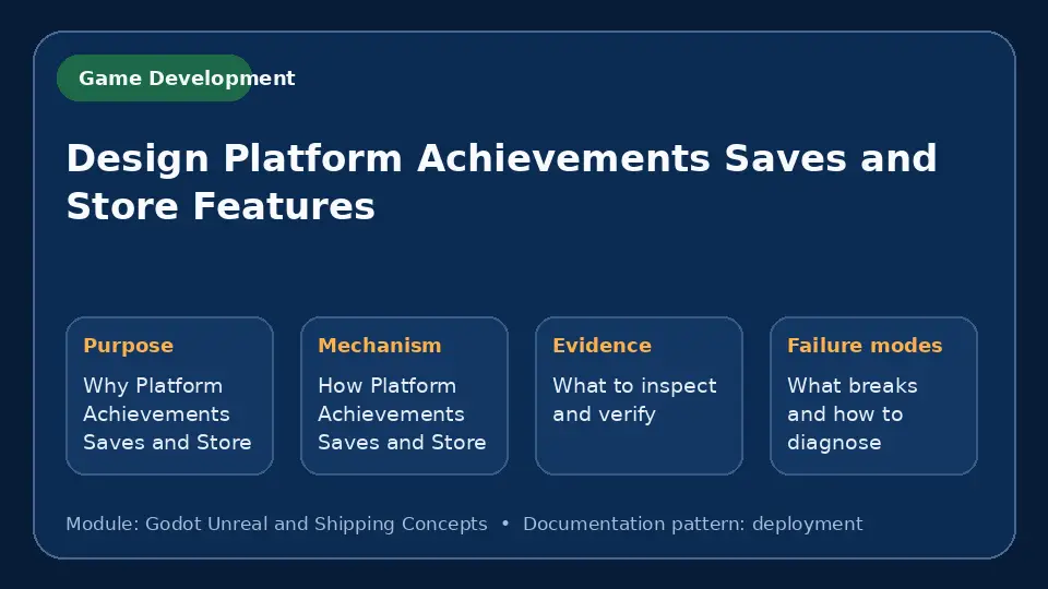 Concept map for Design Platform Achievements Saves and Store Features showing purpose, mechanism, verification evidence and failure modes.