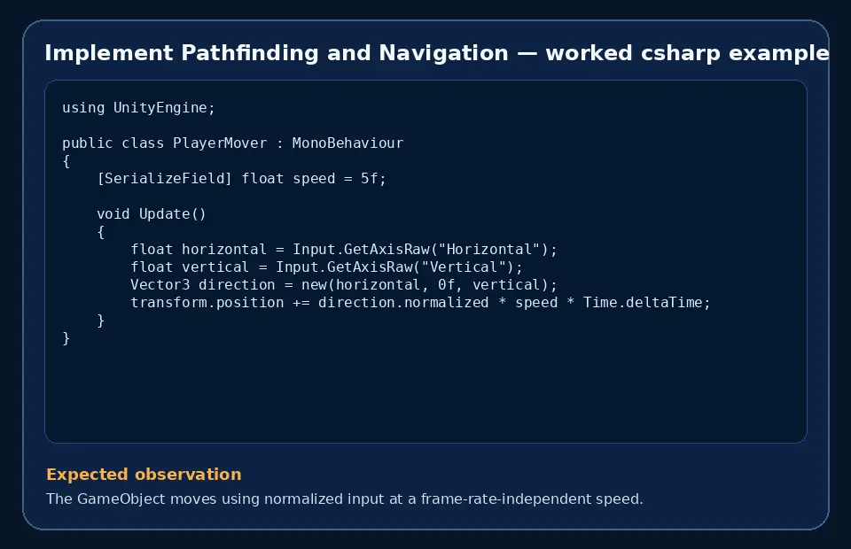 Code example for Implement Pathfinding and Navigation with the expected observation.