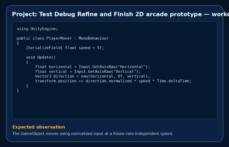 Code example for Project: Test Debug Refine and Finish 2D arcade prototype with the expected observation.
