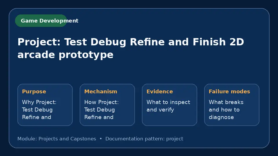 Concept map for Project: Test Debug Refine and Finish 2D arcade prototype showing purpose, mechanism, verification evidence and failure modes.