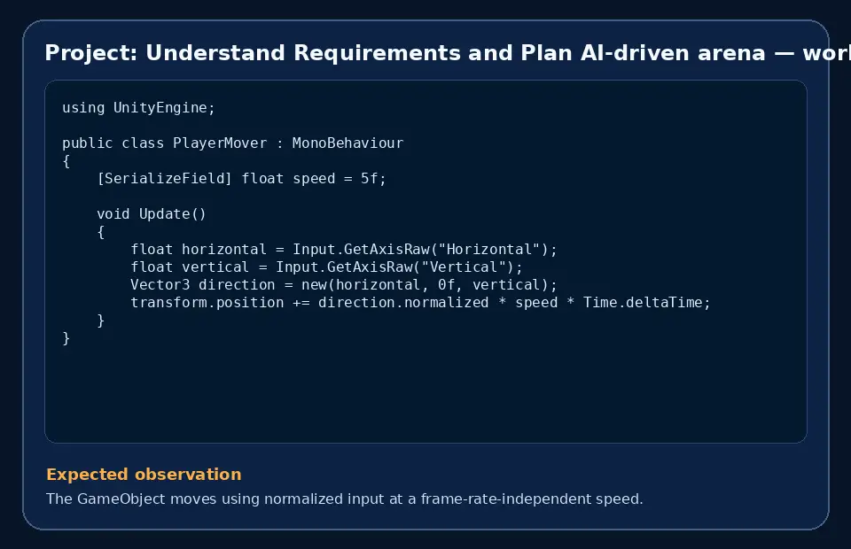 Code example for Project: Understand Requirements and Plan AI-driven arena with the expected observation.