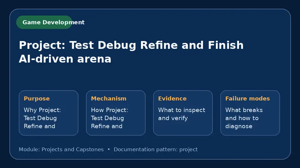 Concept map for Project: Test Debug Refine and Finish AI-driven arena showing purpose, mechanism, verification evidence and failure modes.