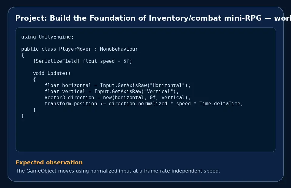 Code example for Project: Build the Foundation of Inventory/combat mini-RPG with the expected observation.