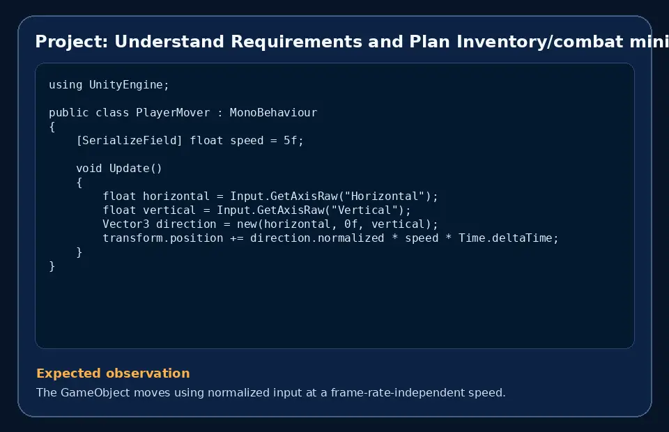 Code example for Project: Understand Requirements and Plan Inventory/combat mini-RPG with the expected observation.