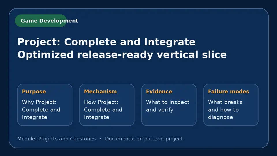 Concept map for Project: Complete and Integrate Optimized release-ready vertical slice showing purpose, mechanism, verification evidence and failure modes.