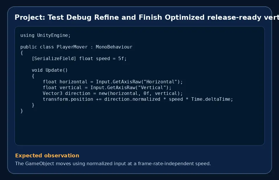 Code example for Project: Test Debug Refine and Finish Optimized release-ready vertical slice with the expected observation.