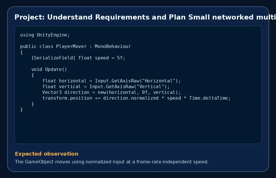 Code example for Project: Understand Requirements and Plan Small networked multiplayer prototype with the expected observation.