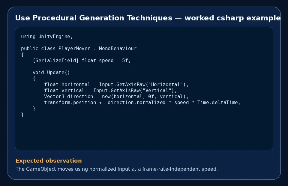 Code example for Use Procedural Generation Techniques with the expected observation.