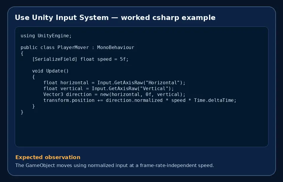 Code example for Use Unity Input System with the expected observation.