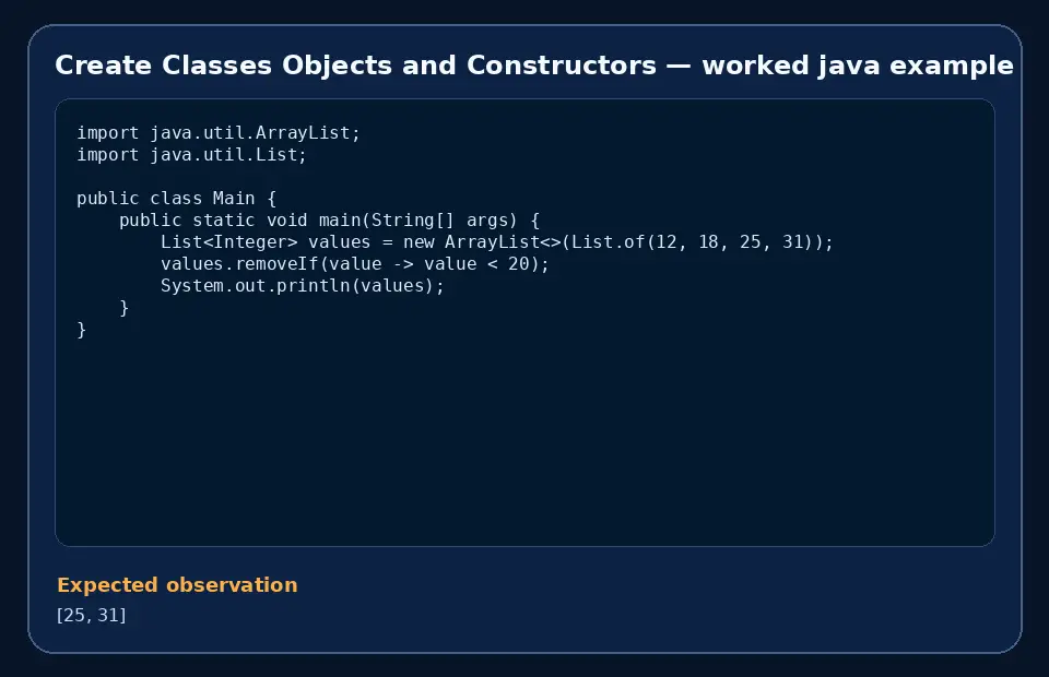 Code example for Create Classes Objects and Constructors with the expected observation.