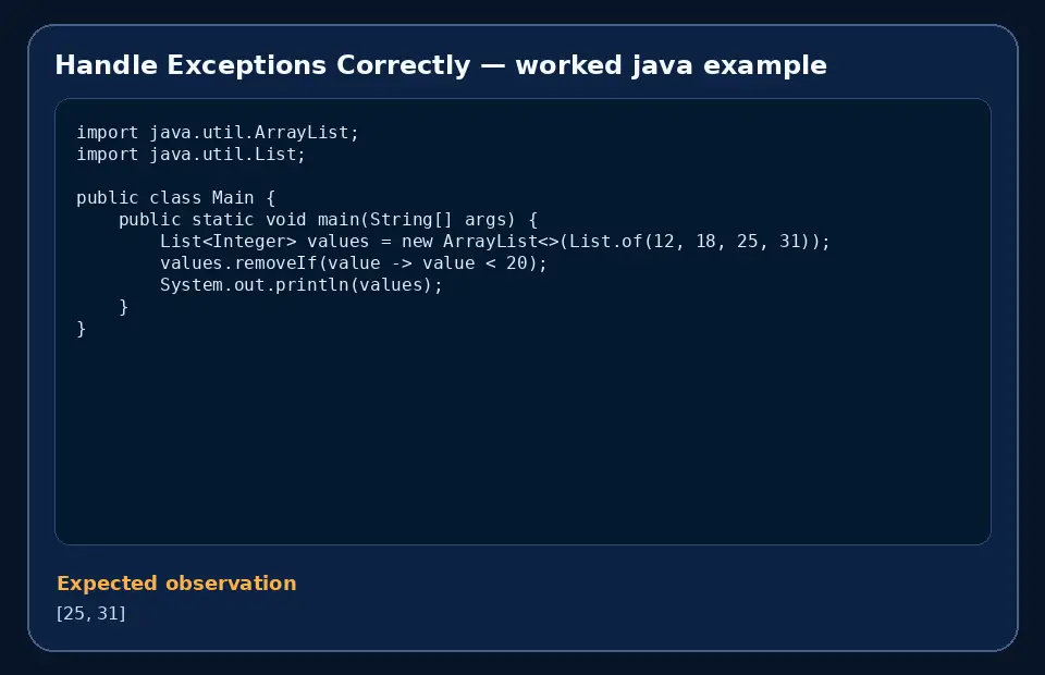 Code example for Handle Exceptions Correctly with the expected observation.