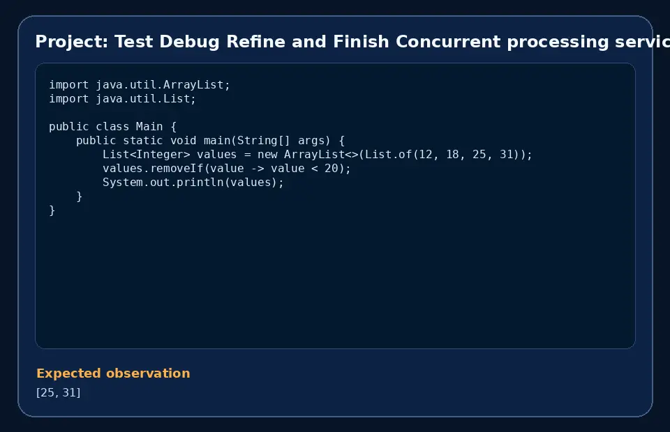 Code example for Project: Test Debug Refine and Finish Concurrent processing service with the expected observation.