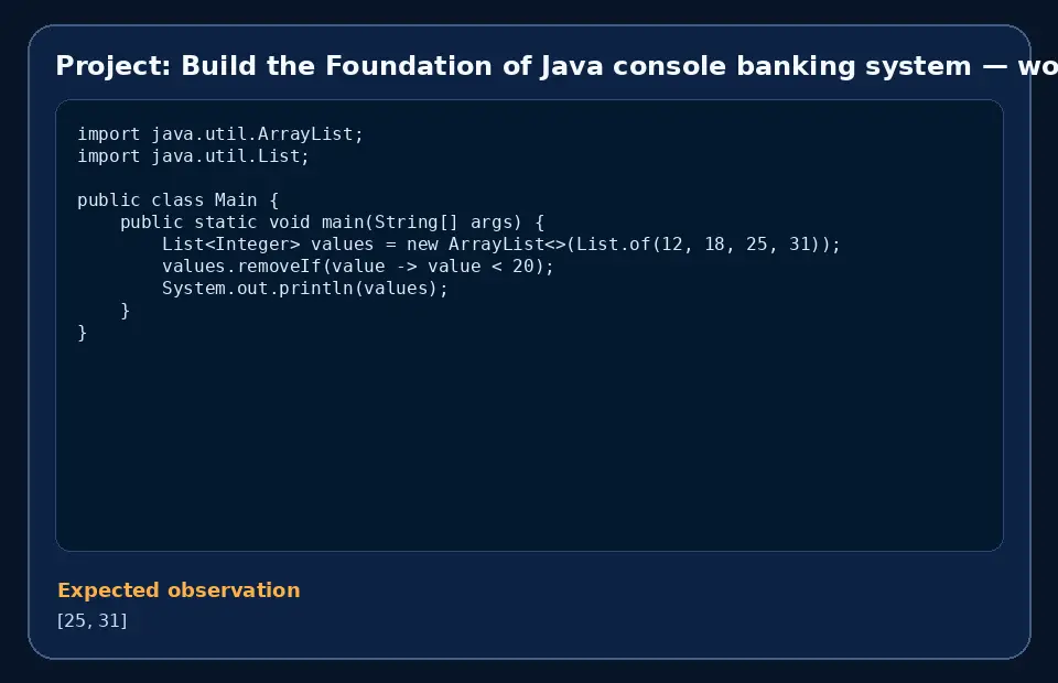 Code example for Project: Build the Foundation of Java console banking system with the expected observation.