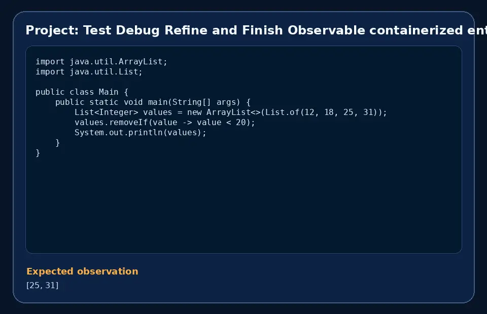 Code example for Project: Test Debug Refine and Finish Observable containerized enterprise service with the expected observation.