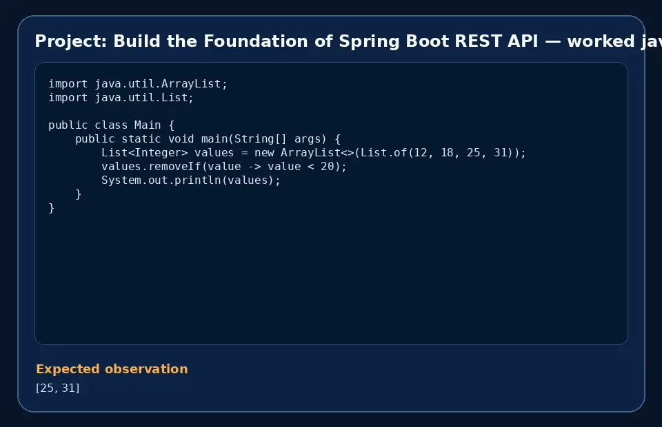 Code example for Project: Build the Foundation of Spring Boot REST API with the expected observation.