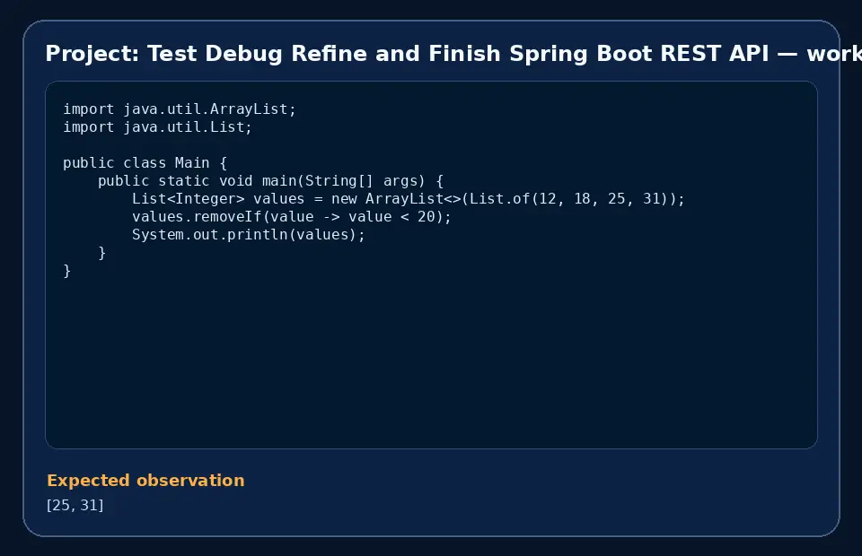 Code example for Project: Test Debug Refine and Finish Spring Boot REST API with the expected observation.