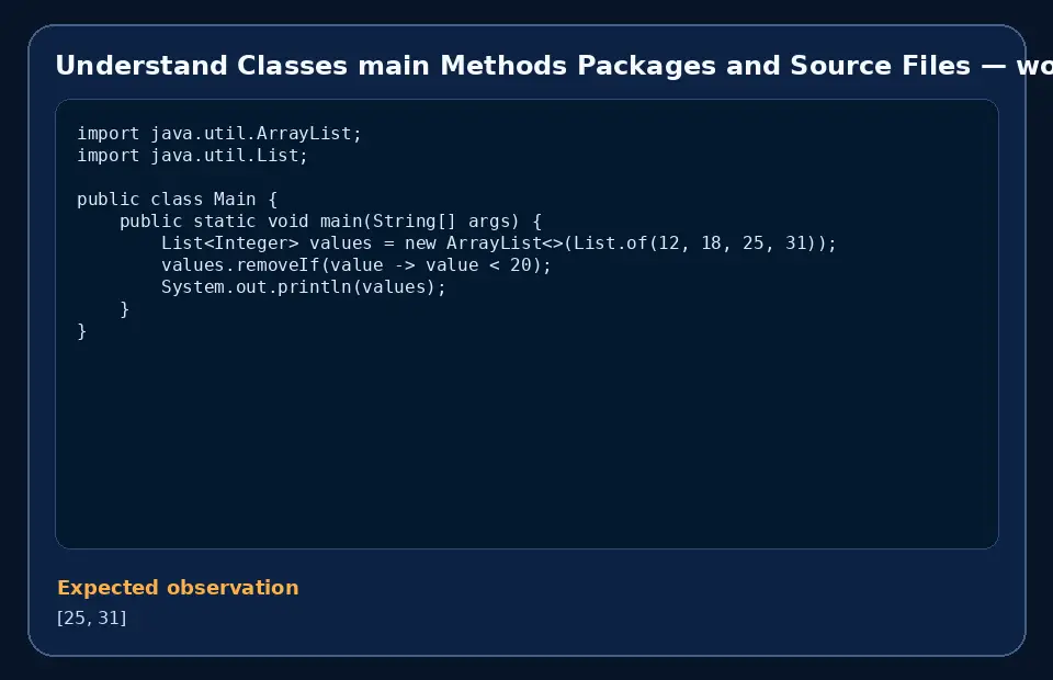 Code example for Understand Classes main Methods Packages and Source Files with the expected observation.