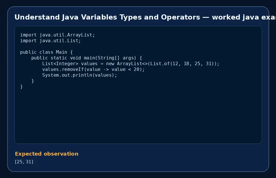 Code example for Understand Java Variables Types and Operators with the expected observation.