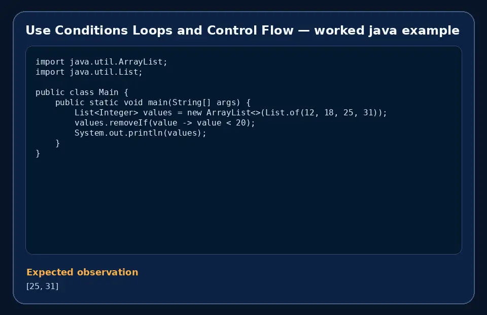 Code example for Use Conditions Loops and Control Flow with the expected observation.