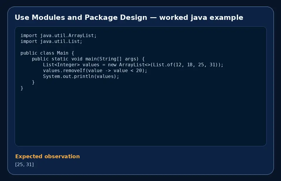 Code example for Use Modules and Package Design with the expected observation.