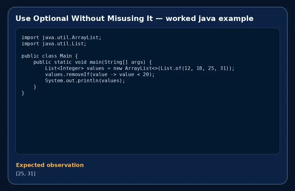 Code example for Use Optional Without Misusing It with the expected observation.