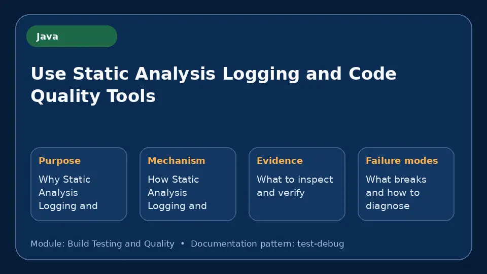 Concept map for Use Static Analysis Logging and Code Quality Tools showing purpose, mechanism, verification evidence and failure modes.