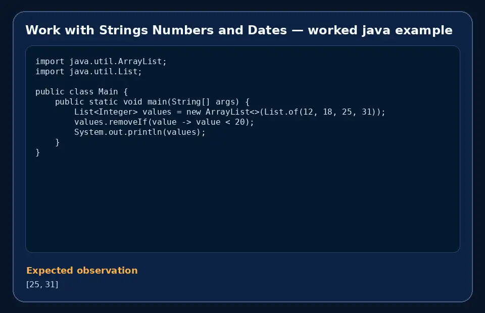 Code example for Work with Strings Numbers and Dates with the expected observation.