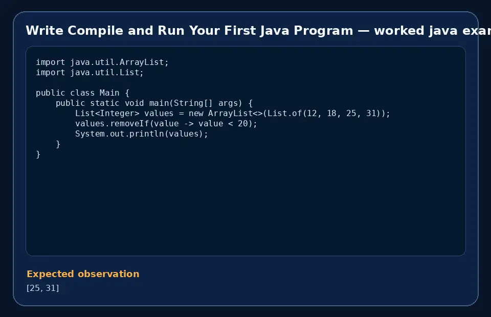 Code example for Write Compile and Run Your First Java Program with the expected observation.