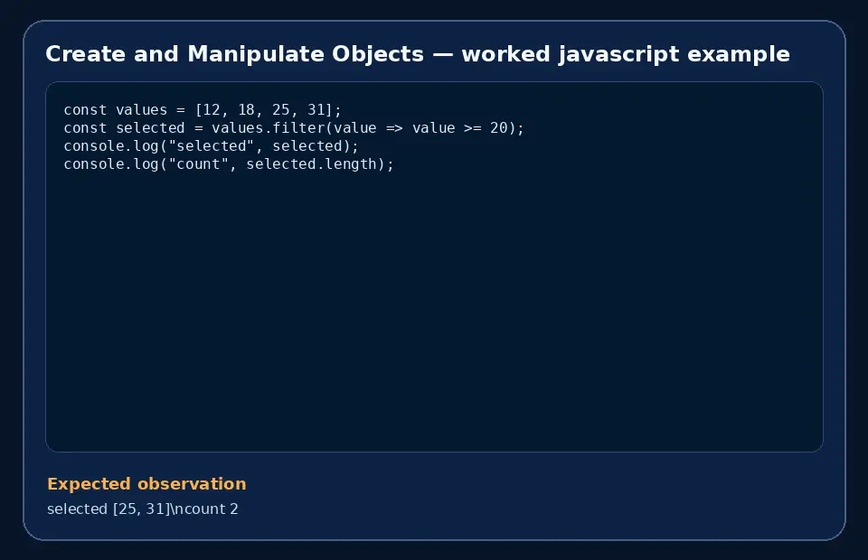 Code example for Create and Manipulate Objects with the expected observation.