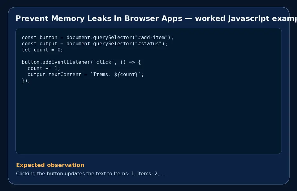 Code example for Prevent Memory Leaks in Browser Apps with the expected observation.
