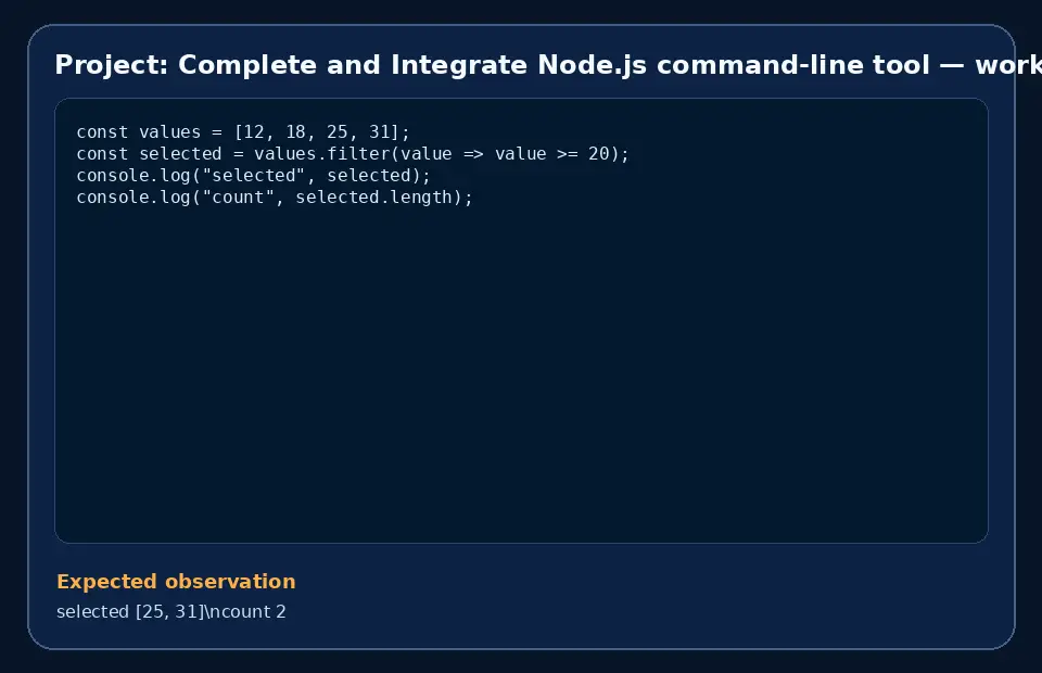 Code example for Project: Complete and Integrate Node.js command-line tool with the expected observation.