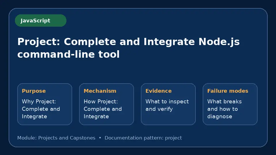Concept map for Project: Complete and Integrate Node.js command-line tool showing purpose, mechanism, verification evidence and failure modes.