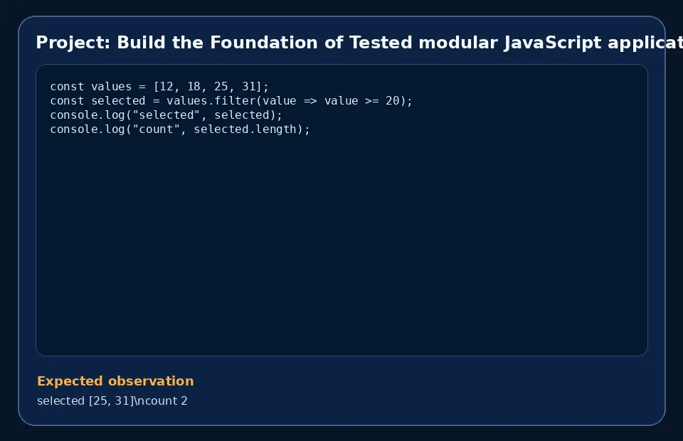 Code example for Project: Build the Foundation of Tested modular JavaScript application with the expected observation.