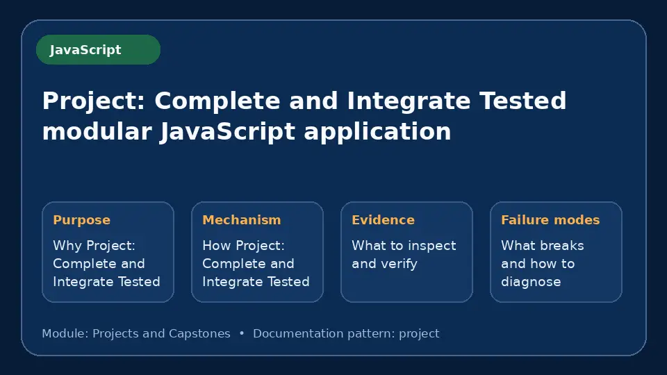 Concept map for Project: Complete and Integrate Tested modular JavaScript application showing purpose, mechanism, verification evidence and failure modes.