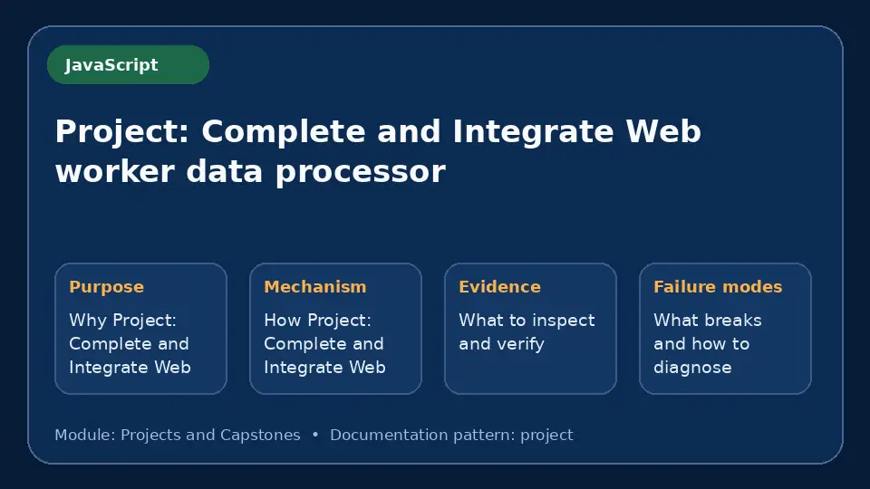 Concept map for Project: Complete and Integrate Web worker data processor showing purpose, mechanism, verification evidence and failure modes.
