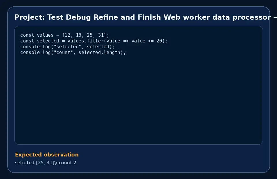 Code example for Project: Test Debug Refine and Finish Web worker data processor with the expected observation.