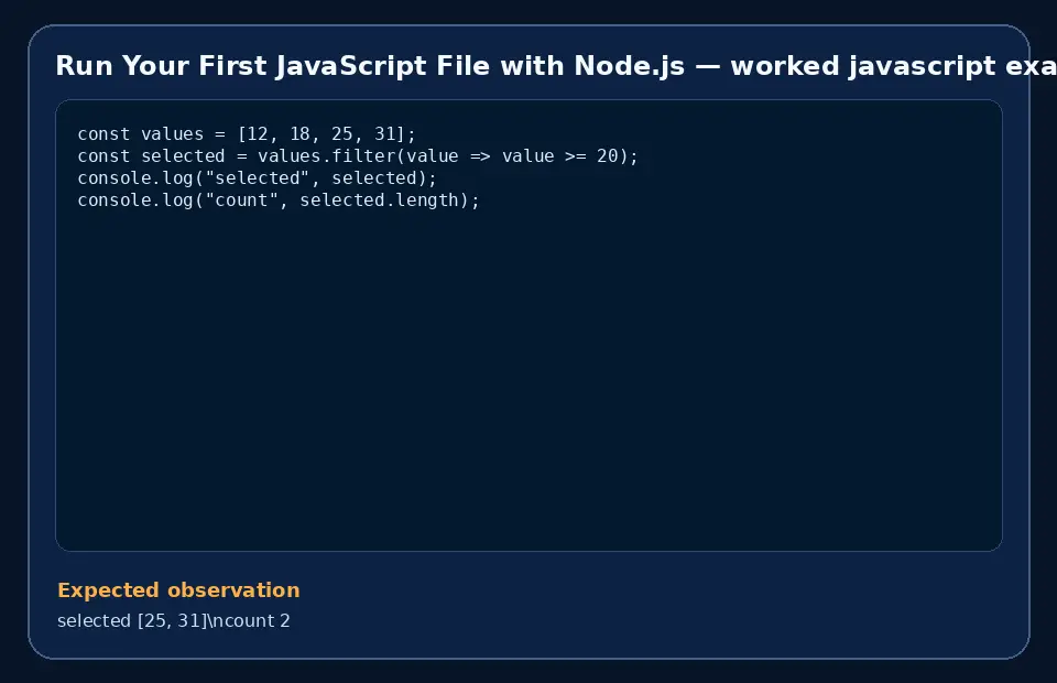 Code example for Run Your First JavaScript File with Node.js with the expected observation.