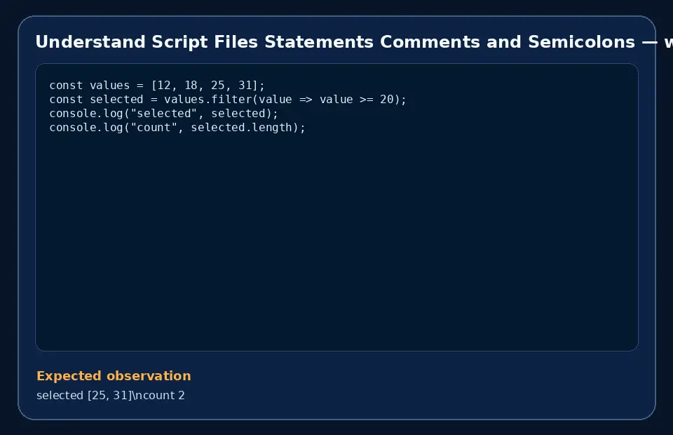 Code example for Understand Script Files Statements Comments and Semicolons with the expected observation.