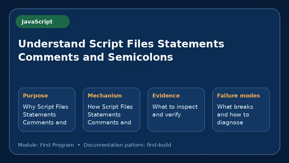 Concept map for Understand Script Files Statements Comments and Semicolons showing purpose, mechanism, verification evidence and failure modes.