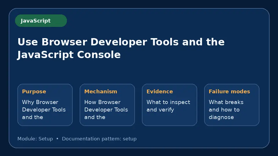 Concept map for Use Browser Developer Tools and the JavaScript Console showing purpose, mechanism, verification evidence and failure modes.
