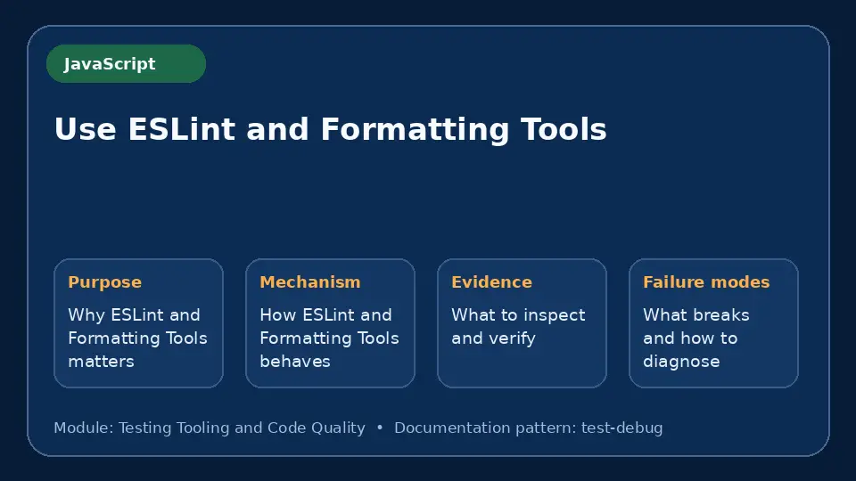 Concept map for Use ESLint and Formatting Tools showing purpose, mechanism, verification evidence and failure modes.
