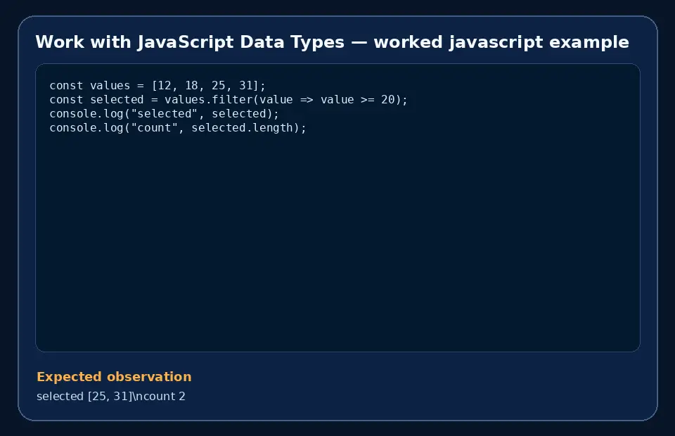 Code example for Work with JavaScript Data Types with the expected observation.