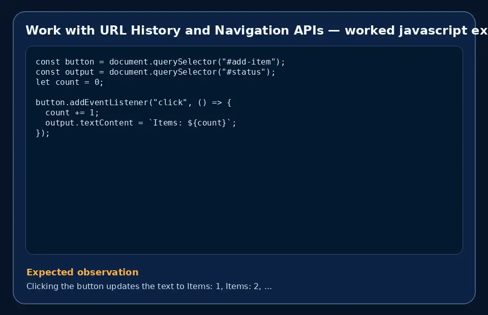 Code example for Work with URL History and Navigation APIs with the expected observation.