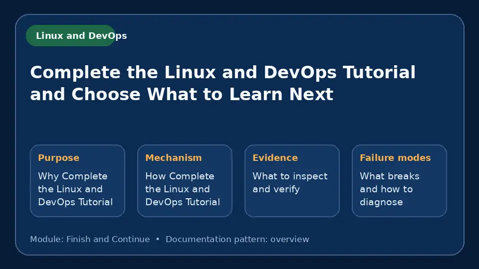 Concept map for Complete the Linux and DevOps Tutorial and Choose What to Learn Next showing purpose, mechanism, verification evidence and failure modes.