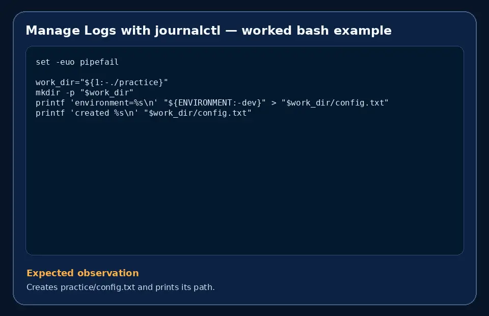 Code example for Manage Logs with journalctl with the expected observation.