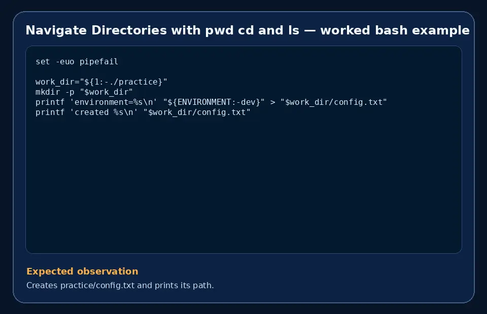 Code example for Navigate Directories with pwd cd and ls with the expected observation.