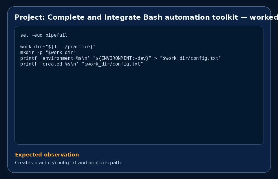 Code example for Project: Complete and Integrate Bash automation toolkit with the expected observation.